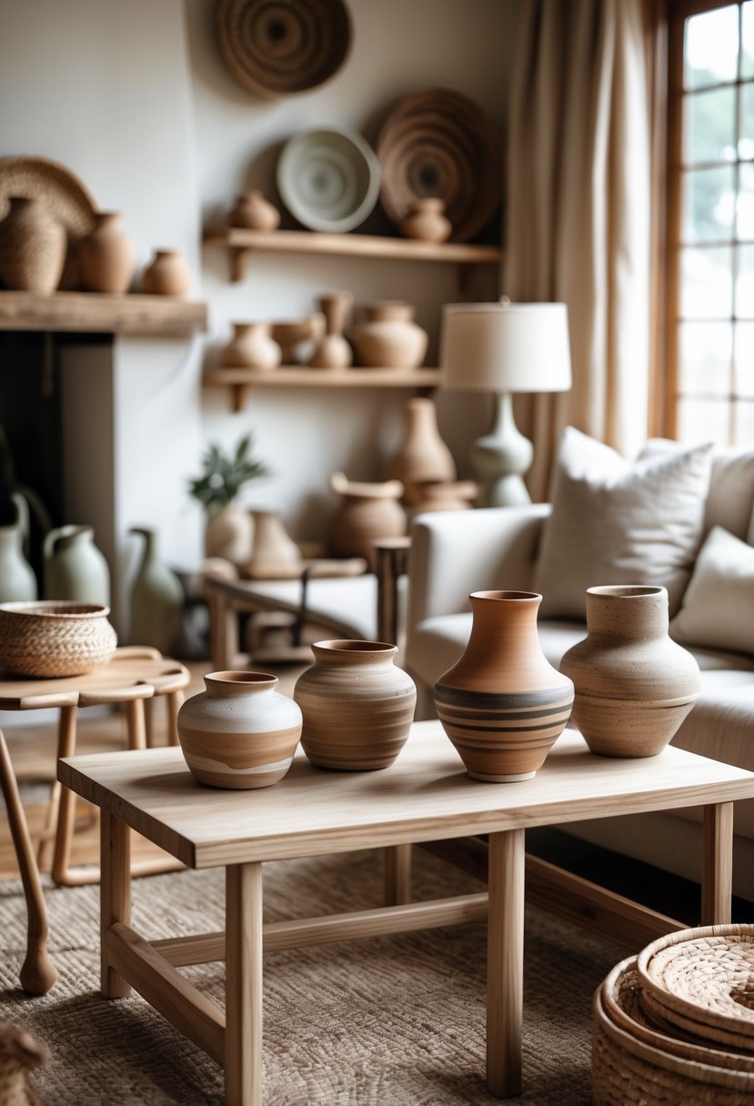 Eclectic Living Room Design With Natural Textures: 22 Inspiring Ideas for a Stylish Space 22 A living room with handcrafted pottery displayed on shelves and tables, surrounded by wooden furniture and natural textured decor.