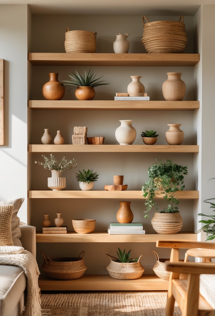 Eclectic Living Room Design With Natural Textures: 22 Inspiring Ideas for a Stylish Space 23 Living room with open wooden shelves holding decorative items, a sofa with cushions, natural light, and a cozy atmosphere.