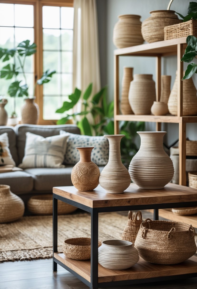 Eclectic Living Room Design With Natural Textures: 22 Inspiring Ideas for a Stylish Space 24 A living room with textured ceramic vases on shelves and tables, surrounded by natural materials like woven baskets, plants, and wooden furniture.