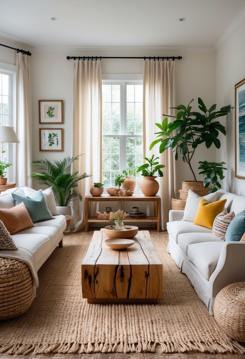 Eclectic Living Room Design With Natural Textures: 22 Inspiring Ideas for a Stylish Space 25 A bright living room with a wooden coffee table, sofas with patterned pillows, plants, and natural light coming through large windows.