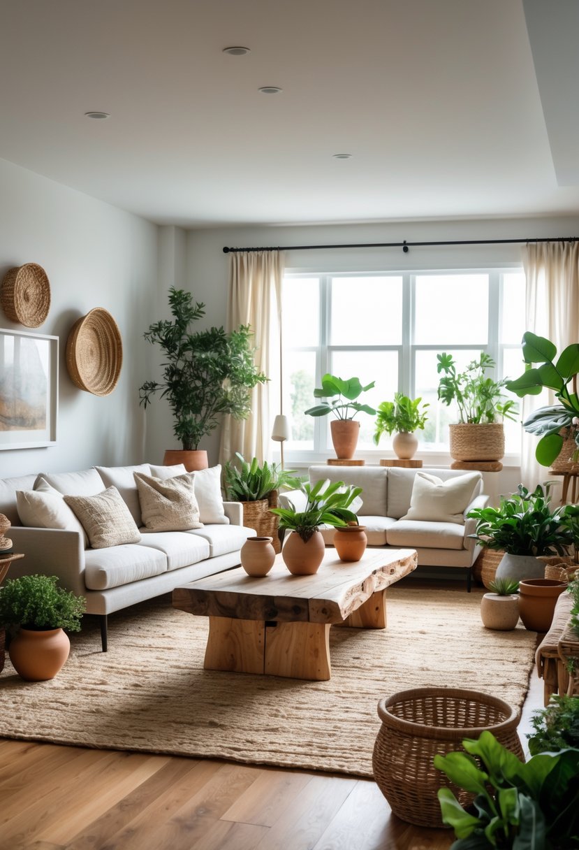 Eclectic Living Room Design With Natural Textures: 22 Inspiring Ideas for a Stylish Space 26 A bright living room with a sofa, wooden coffee table, plants, and natural textured decor.