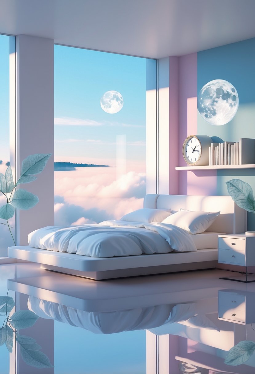Surreal Bedroom Styling Ideas: 22 Creative Ways to Transform Your Space 2 A bedroom with a bed floating above a reflective floor, large windows showing a dreamy sky with moons and floating islands, minimalist furniture, and translucent plants.
