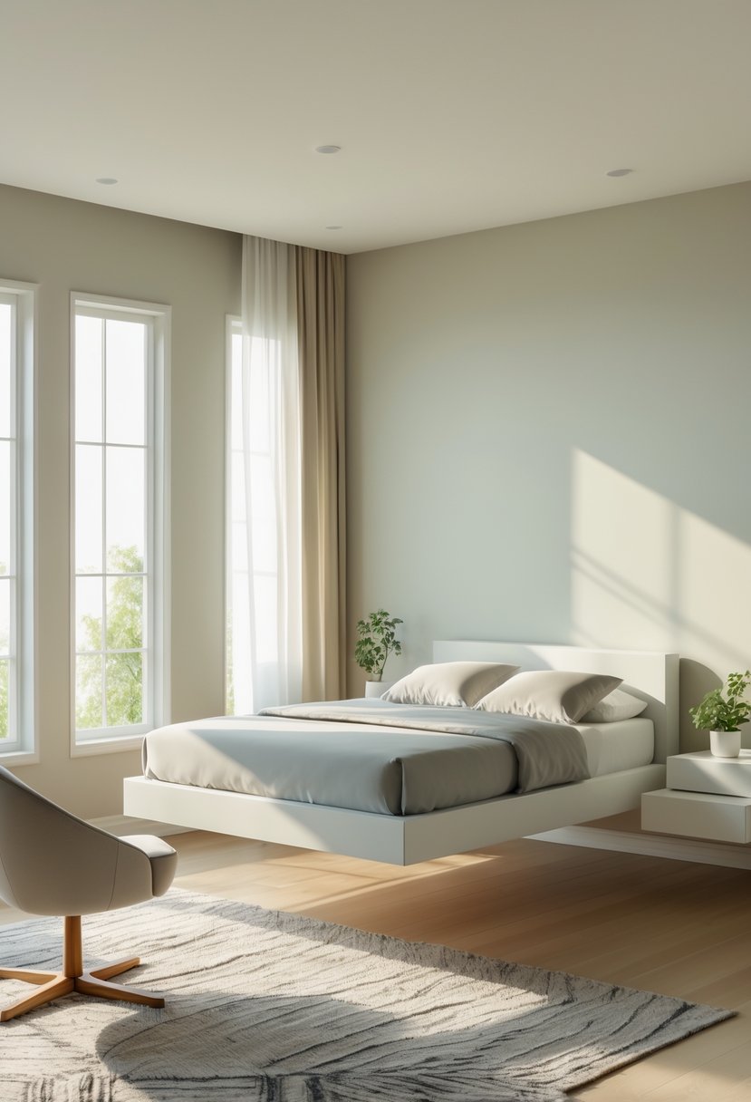 Surreal Bedroom Styling Ideas: 22 Creative Ways to Transform Your Space 3 A bedroom with a bed, nightstands, and chair floating above the floor, illuminated by natural light from large windows.