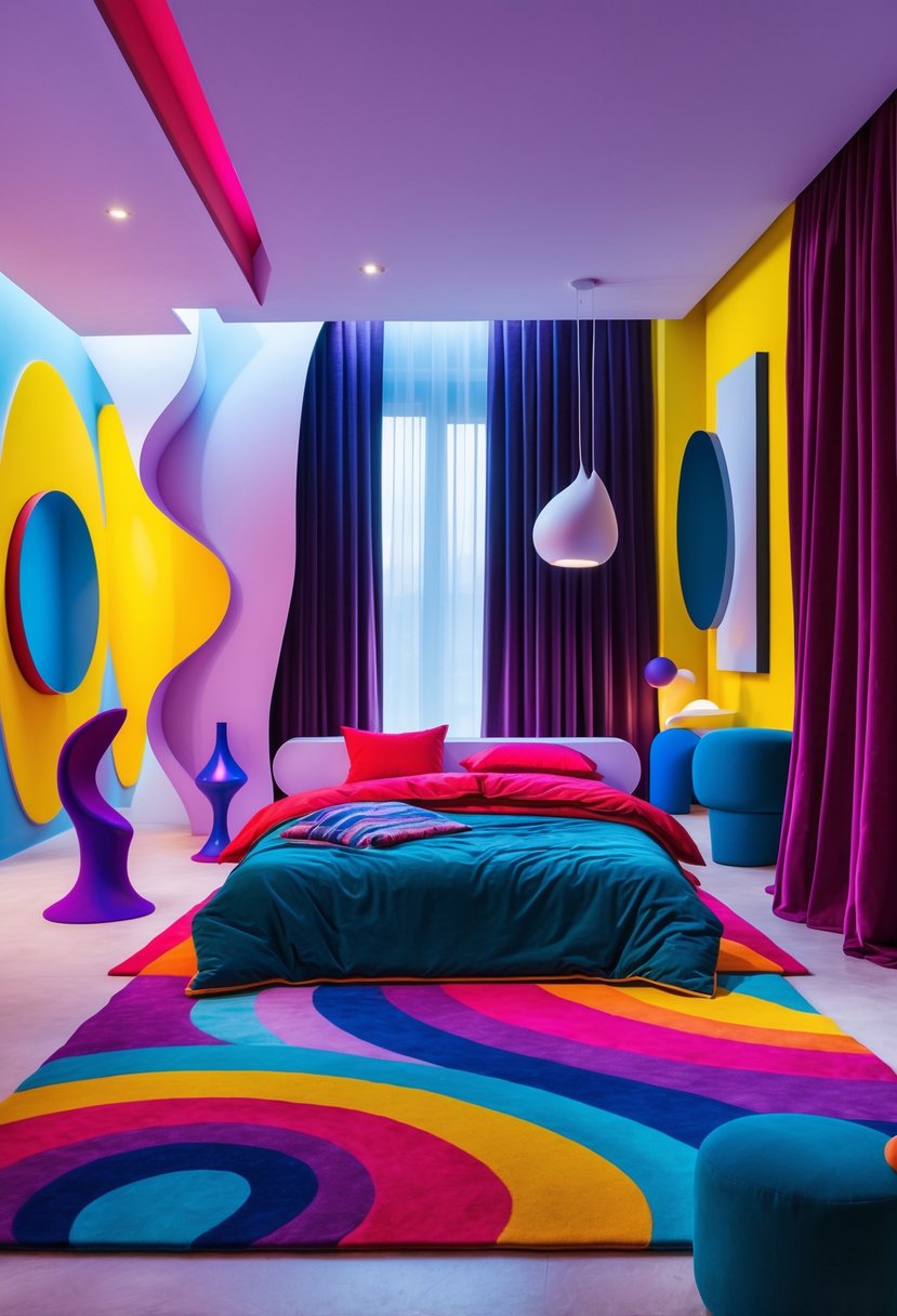 Surreal Bedroom Styling Ideas: 22 Creative Ways to Transform Your Space 4 A colorful bedroom with a modern bed, vibrant bedding, bold walls, artistic furniture, and large windows letting in natural light.
