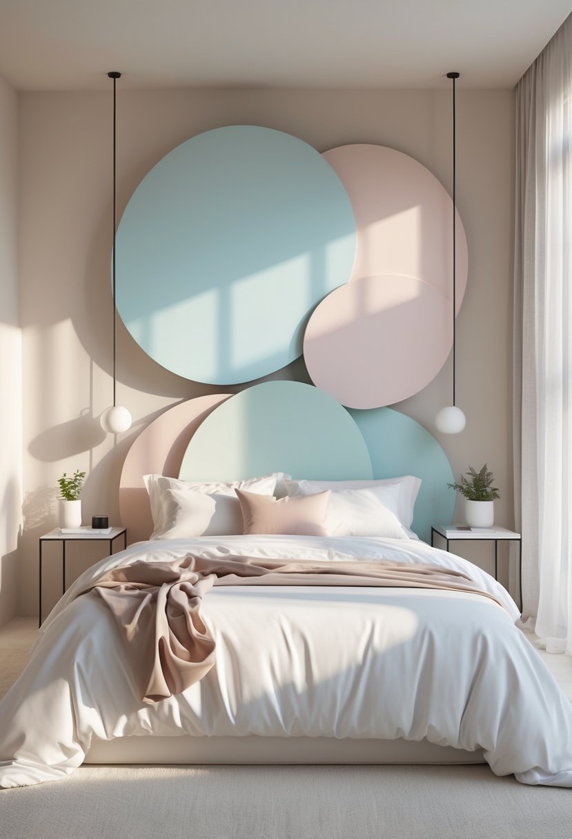 Surreal Bedroom Styling Ideas: 22 Creative Ways to Transform Your Space 5 A bedroom with a bed featuring a large abstract headboard made of geometric shapes, soft lighting, and simple bedside tables.