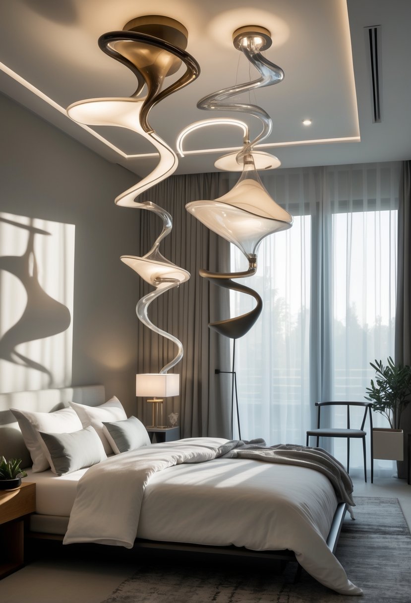 Surreal Bedroom Styling Ideas: 22 Creative Ways to Transform Your Space 7 A bedroom with unique sculptural lighting fixtures hanging from the ceiling and standing on the floor, featuring a bed, nightstand, and soft natural light.