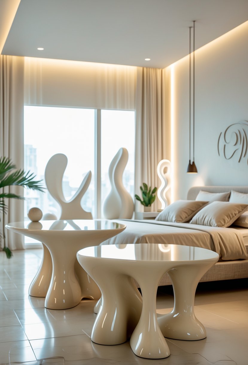 Surreal Bedroom Styling Ideas: 22 Creative Ways to Transform Your Space 8 A bedroom with curved, organic-shaped tables next to a bed and natural light coming through windows.