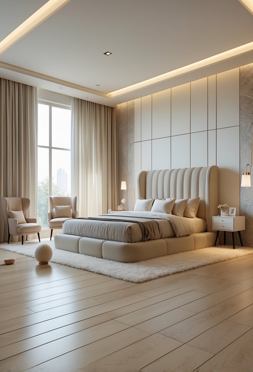 Surreal Bedroom Styling Ideas: 22 Creative Ways to Transform Your Space 9 A bedroom with an oversized bed and tiny chairs and tables arranged around it.