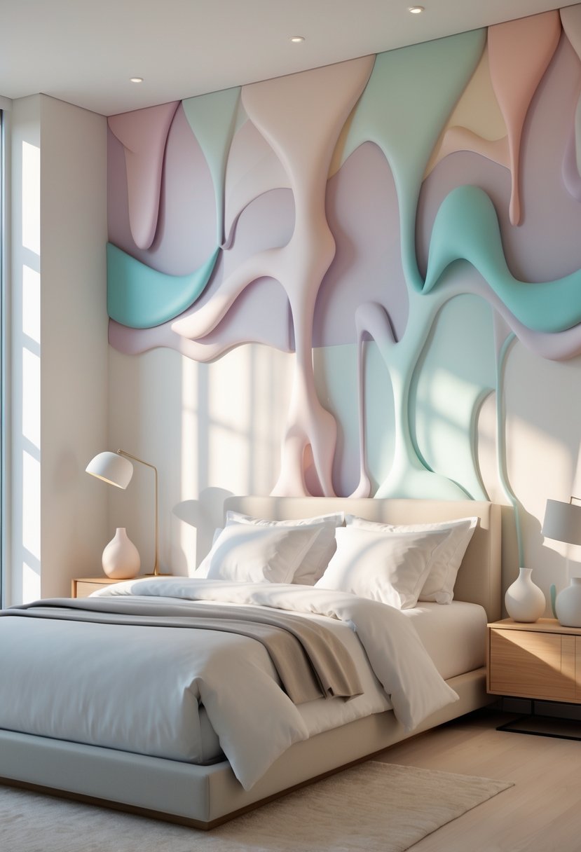 Surreal Bedroom Styling Ideas: 22 Creative Ways to Transform Your Space 10 A modern bedroom with a bed, nightstand, and large windows, featuring wallpaper with flowing, melting patterns on the walls.