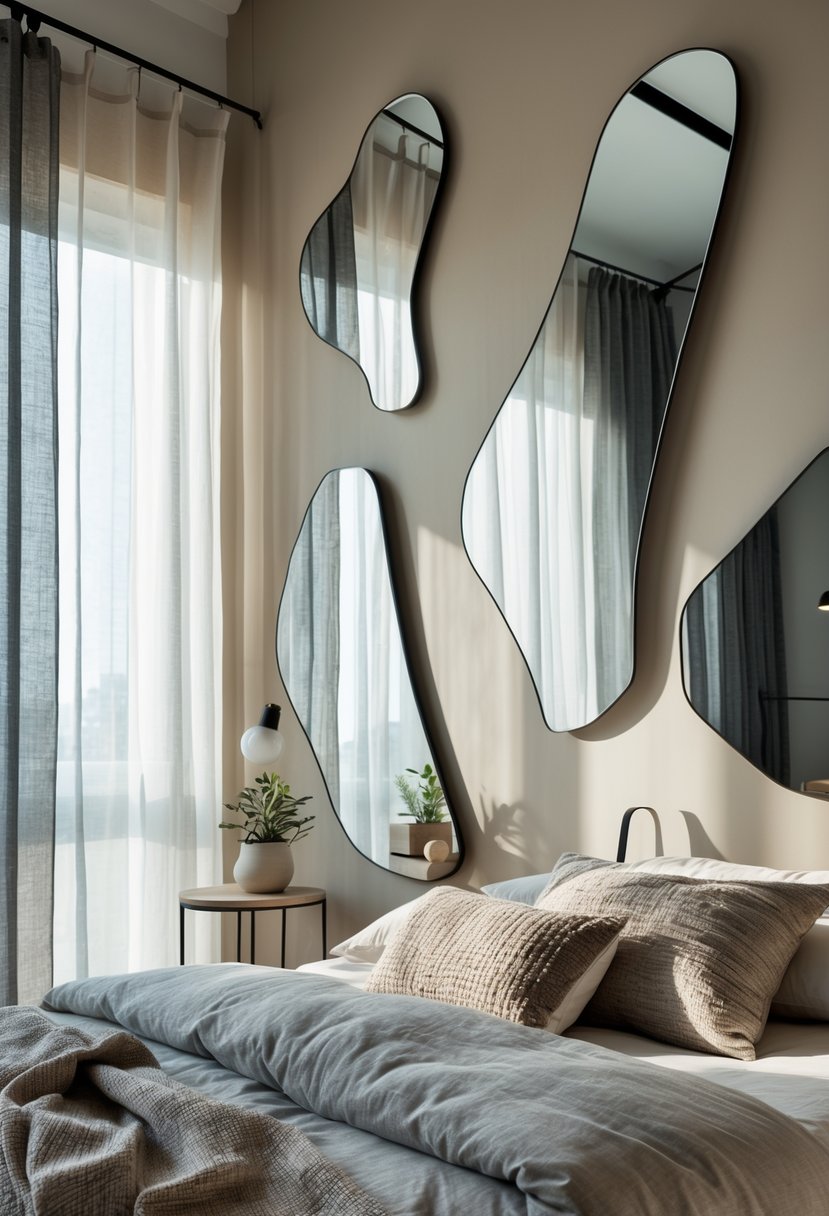 Surreal Bedroom Styling Ideas: 22 Creative Ways to Transform Your Space 11 A bedroom with uniquely shaped mirrors on the wall reflecting distorted images of the bed and furniture.