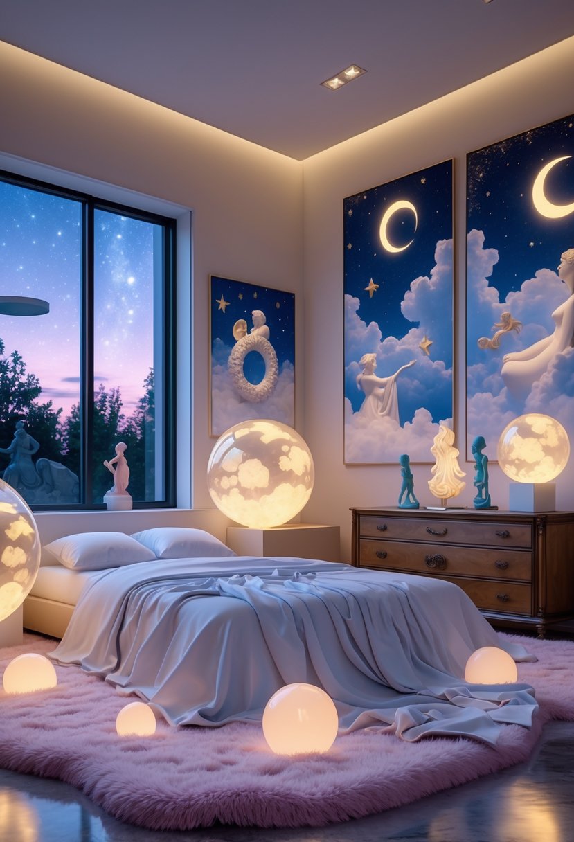 Surreal Bedroom Styling Ideas: 22 Creative Ways to Transform Your Space 12 A bedroom with a bed, glowing floating orbs, abstract dream-themed paintings, sculptures on a dresser, and a twilight sky visible through large windows.