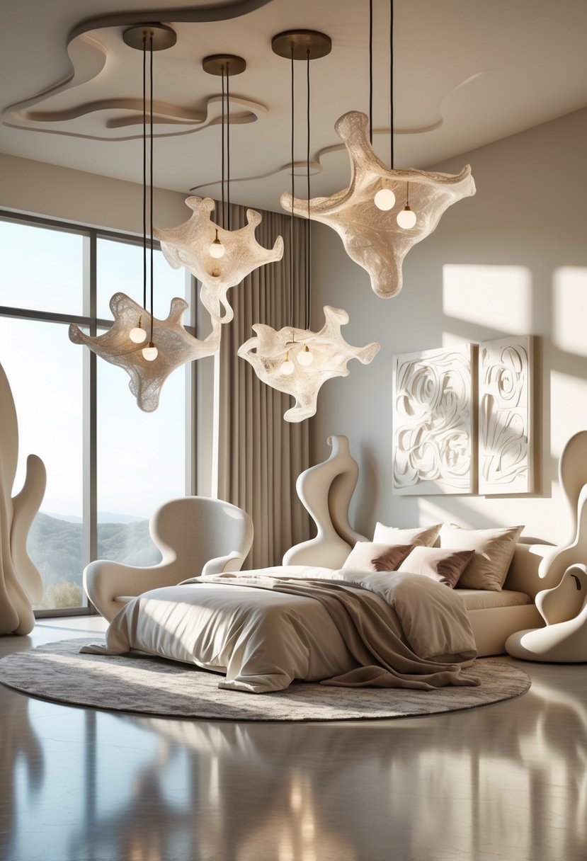 Surreal Bedroom Styling Ideas: 22 Creative Ways to Transform Your Space 13 A bedroom with a cozy bed and unusual chandeliers hanging from the ceiling.