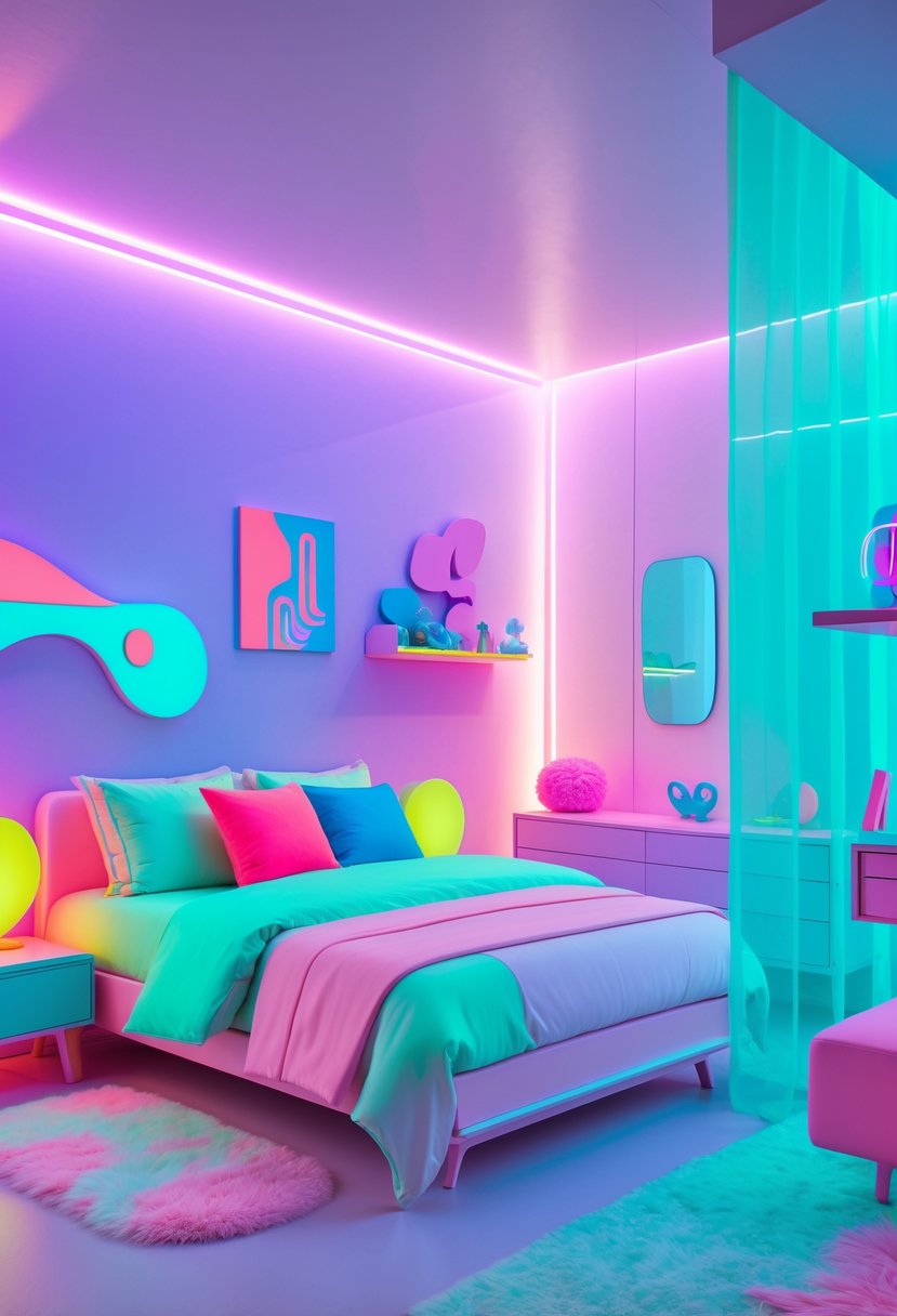 Surreal Bedroom Styling Ideas: 22 Creative Ways to Transform Your Space 14 A bedroom with a bed, colorful bedding, modern furniture, glowing lights, and decorative items creating a vibrant and cozy atmosphere.