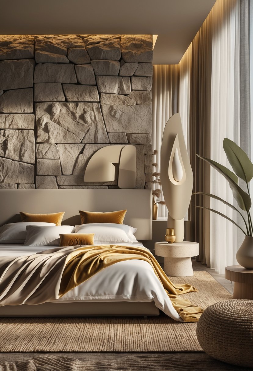 Surreal Bedroom Styling Ideas: 22 Creative Ways to Transform Your Space 15 A bedroom with a bed, textured stone wall, soft fabrics, wooden furniture, and natural light creating a layered look.