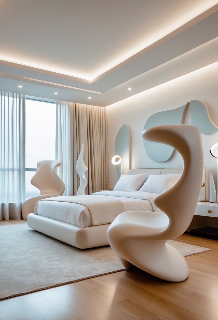 Surreal Bedroom Styling Ideas: 22 Creative Ways to Transform Your Space 16 A bedroom with twisted chairs and a bed, illuminated by natural light through large windows.