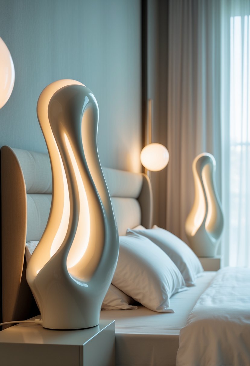 Surreal Bedroom Styling Ideas: 22 Creative Ways to Transform Your Space 17 A bedroom with a neatly made bed and two artistic bedside lamps emitting a warm light.