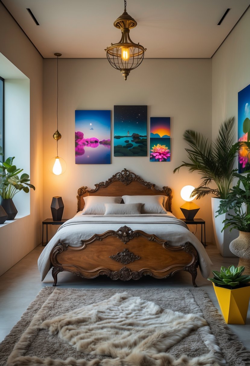 Surreal Bedroom Styling Ideas: 22 Creative Ways to Transform Your Space 18 A bedroom with an antique wooden bed, modern furniture, surreal artwork on the walls, a brass chandelier, plants, and natural light coming through large windows.