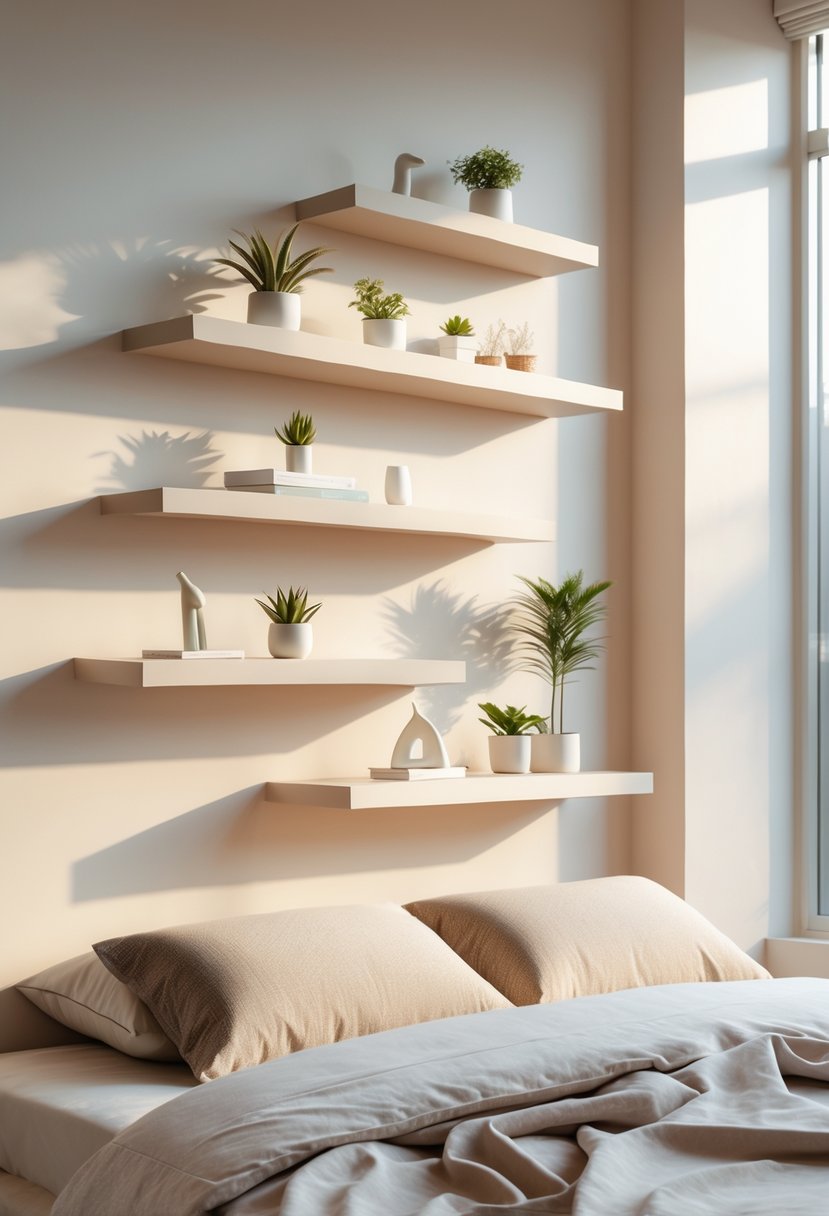 Surreal Bedroom Styling Ideas: 22 Creative Ways to Transform Your Space 19 A bedroom with floating shelves arranged asymmetrically above a neatly made bed, decorated with plants and books.