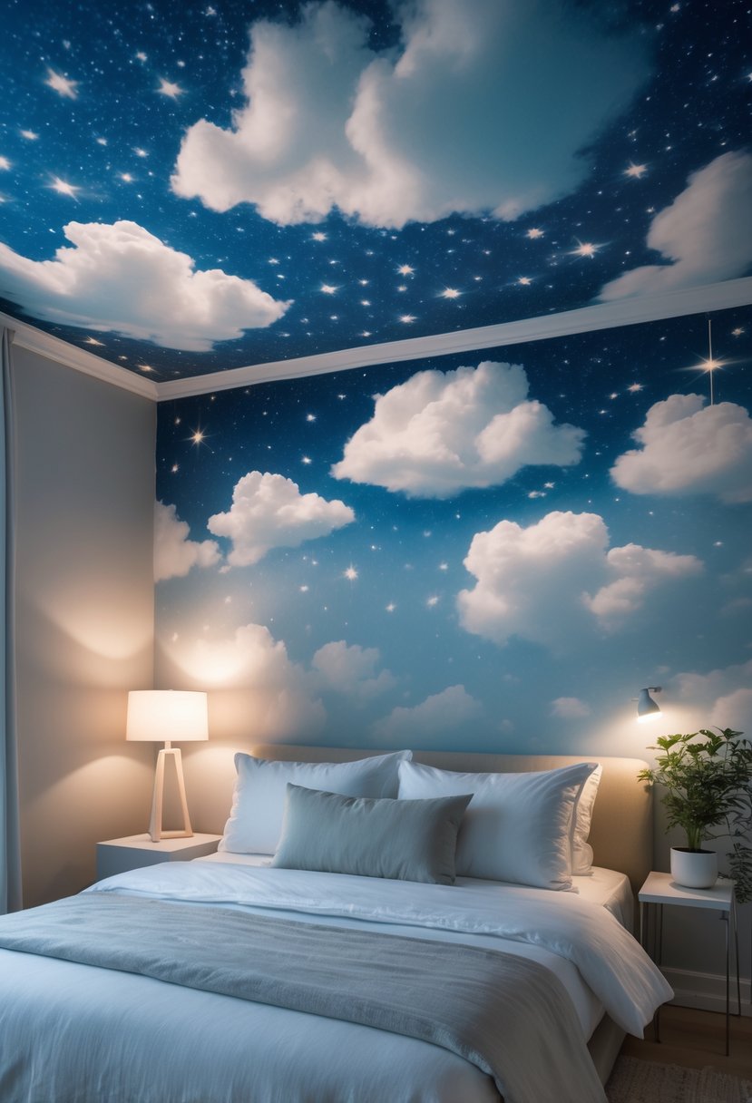 Surreal Bedroom Styling Ideas: 22 Creative Ways to Transform Your Space 21 A bedroom with a ceiling painted with clouds and stars, featuring a bed, bedside table, and soft lighting.