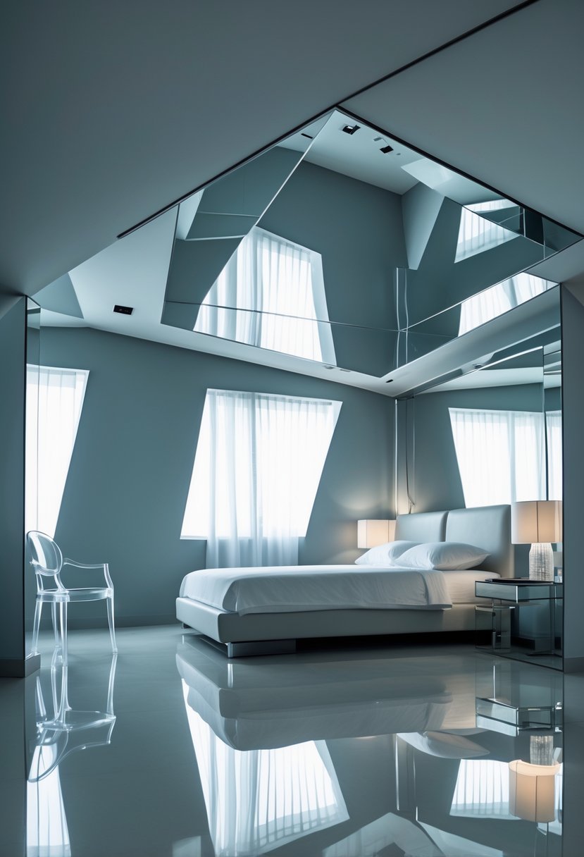 Surreal Bedroom Styling Ideas: 22 Creative Ways to Transform Your Space 22 A bedroom with large mirrors on walls and ceiling creating distorted reflections, a bed with white linens, modern furniture, and a polished reflective floor.