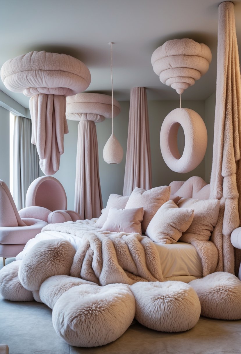 Surreal Bedroom Styling Ideas: 22 Creative Ways to Transform Your Space 24 A bedroom with soft, plush textiles shaped in unusual forms covering the bed and hanging around the room.