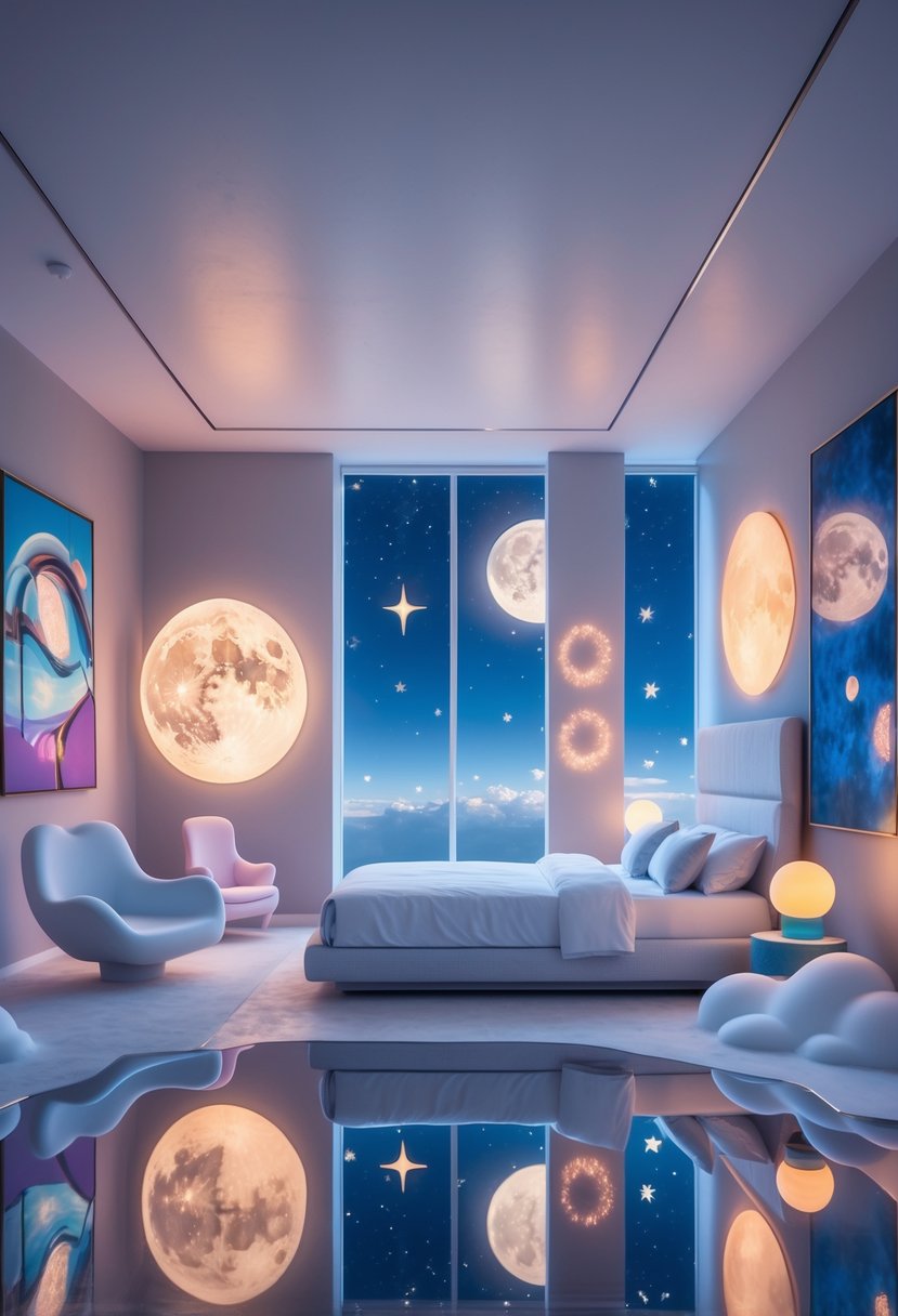 Surreal Bedroom Styling Ideas: 22 Creative Ways to Transform Your Space 25 A bedroom with a bed floating above the floor, abstract artwork on the walls, unusual furniture, and a large window showing a sky with glowing moons and stars.