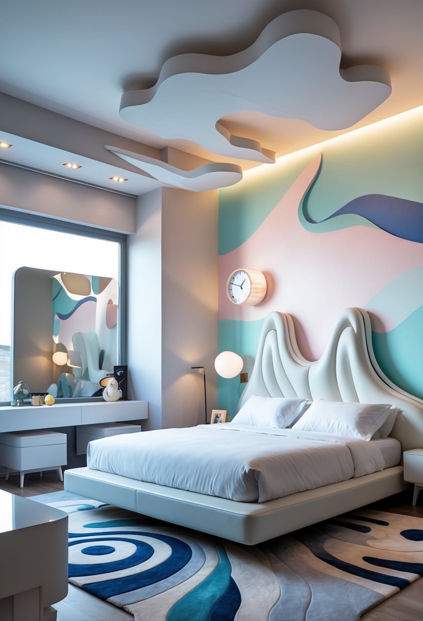 Surreal Bedroom Styling Ideas: 22 Creative Ways to Transform Your Space 26 A bedroom with a large bed, floating geometric shapes above it, abstract murals on the walls, and unique furniture with unusual shapes, illuminated by natural light from a window.
