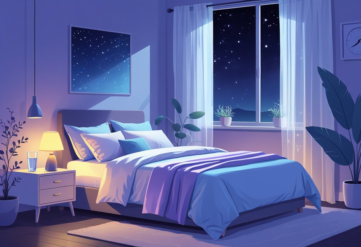 A peaceful bedroom at night with a neatly made bed, soft lighting, and calming decor creating a restful environment.