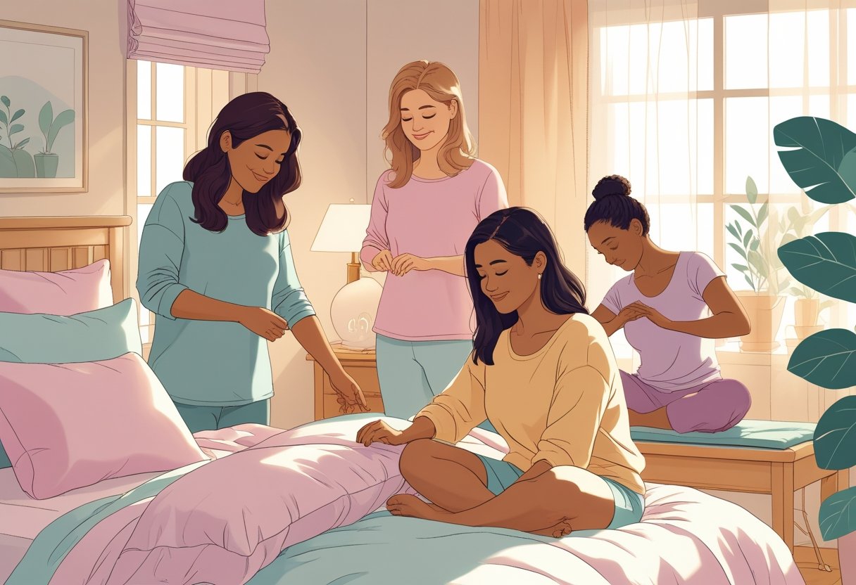 Women in a cozy bedroom preparing for sleep by adjusting pillows, dimming lights, and practicing gentle stretching, creating a peaceful and supportive atmosphere.