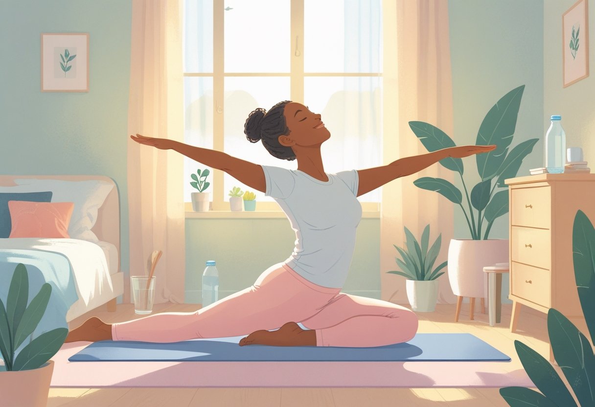 A person doing a gentle morning stretch on a yoga mat in a softly lit room with a window, water bottle, and plant nearby.