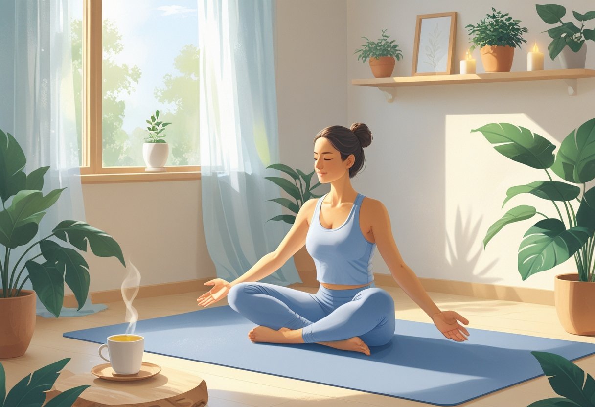 A person practicing gentle yoga poses in a softly lit room with a yoga mat, a potted plant, and a cup of tea nearby, creating a peaceful morning atmosphere.