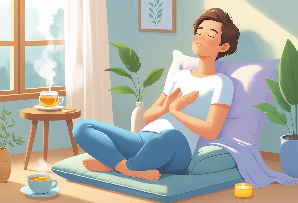 A person sitting comfortably indoors with eyes closed, practicing deep breathing surrounded by calming objects like a cup of tea, plants, and a soft blanket.