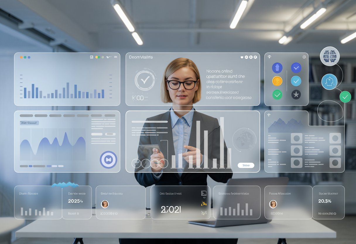 A business professional analyzing data on futuristic transparent screens in a modern office, with icons representing free and premium domain evaluation options floating around.