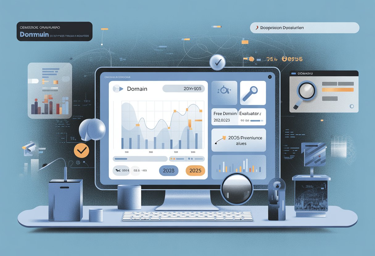 A digital workspace showing a computer screen with graphs and icons representing domain evaluation tools, highlighting free and premium options with data and technology elements in the background.