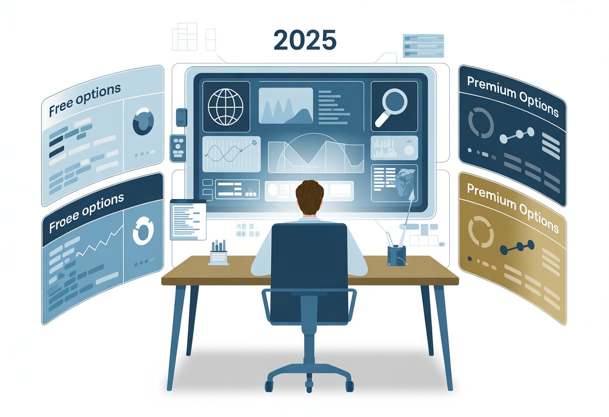 A workspace with a computer showing charts and icons related to domain evaluation tools, highlighting free and premium options through color-coded holographic panels.