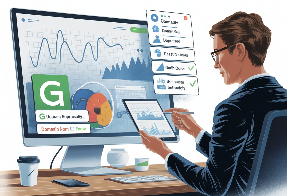 A business professional analyzing domain appraisal data on a computer screen showing graphs and charts, with icons representing GoDaddy and alternative services in a modern office setting.