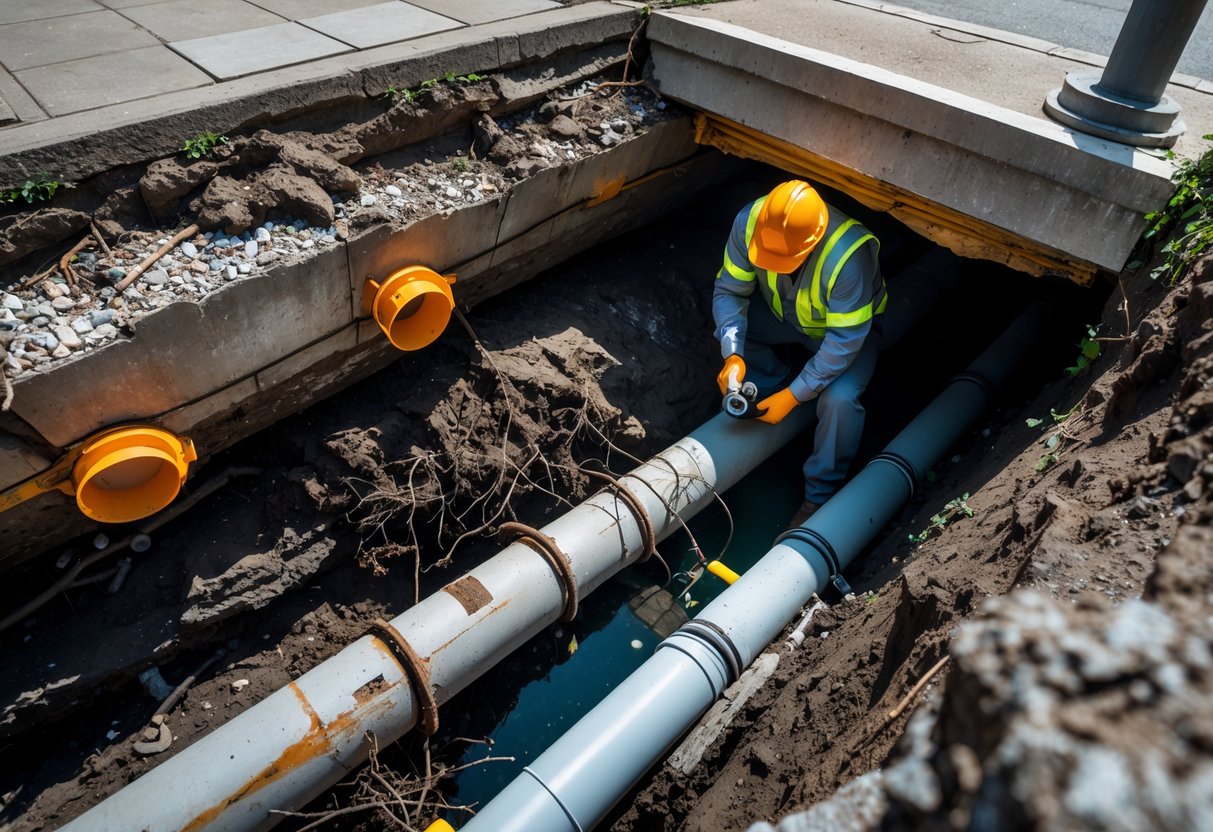 Cross-sectional view of underground  cracked sewer pipes