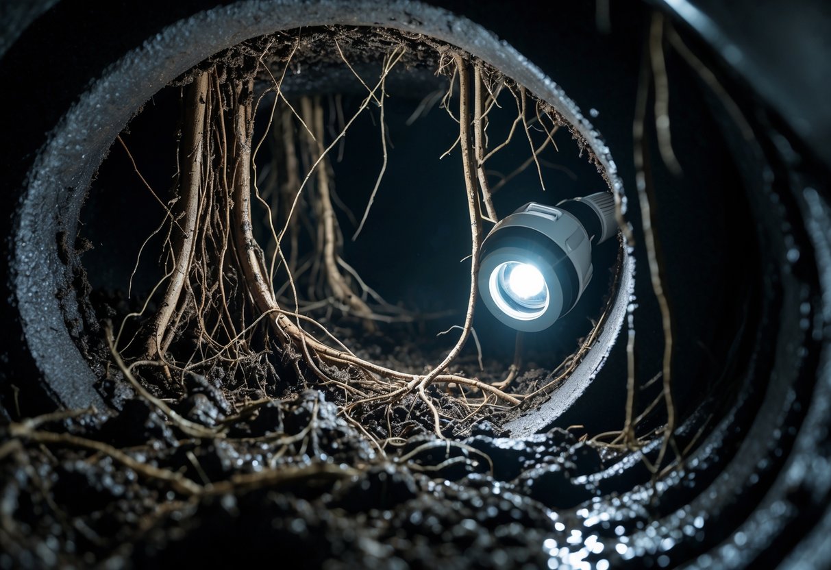 Close-up view inside a sewer pipe showing tree roots growing through cracks and obstructing the flow, illuminated by a sewer inspection camera light.