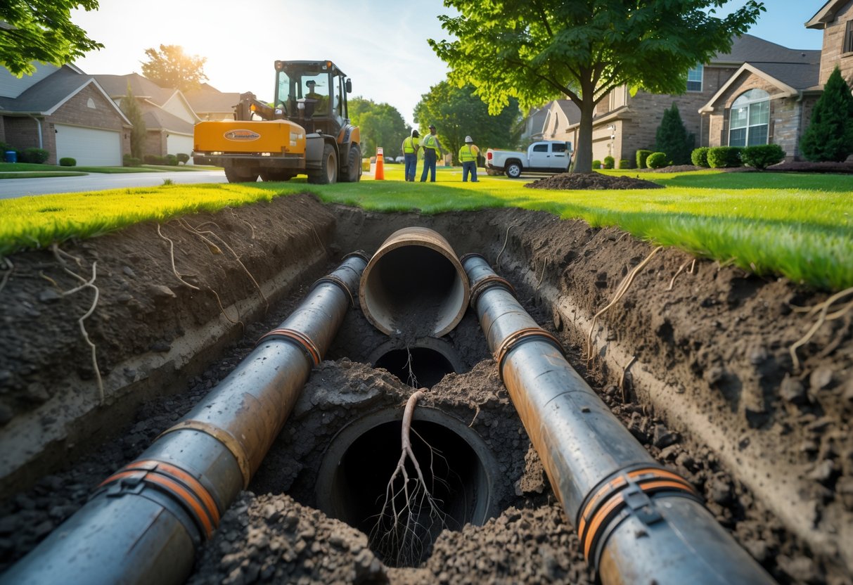 Cross-sectional view of a damaged underground sewer pipe