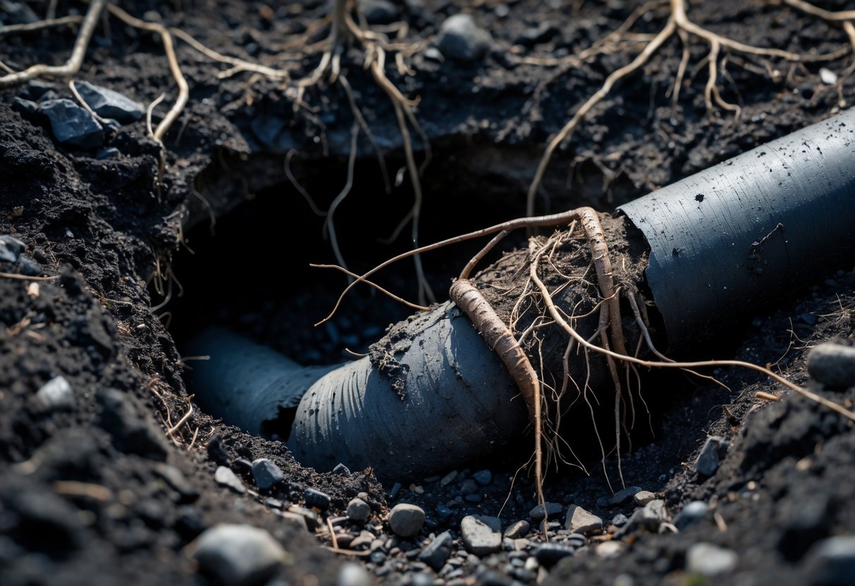 Close-up of an underground sewer pipe damaged by tree roots growing through cracks in the pipe surrounded by soil.