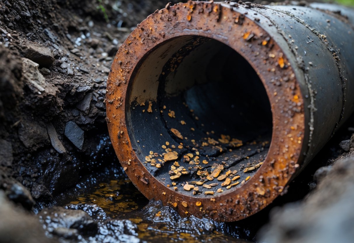 Close-up view of underground sewer pipes showing corrosion damage such as rust, cracks, and erosion.