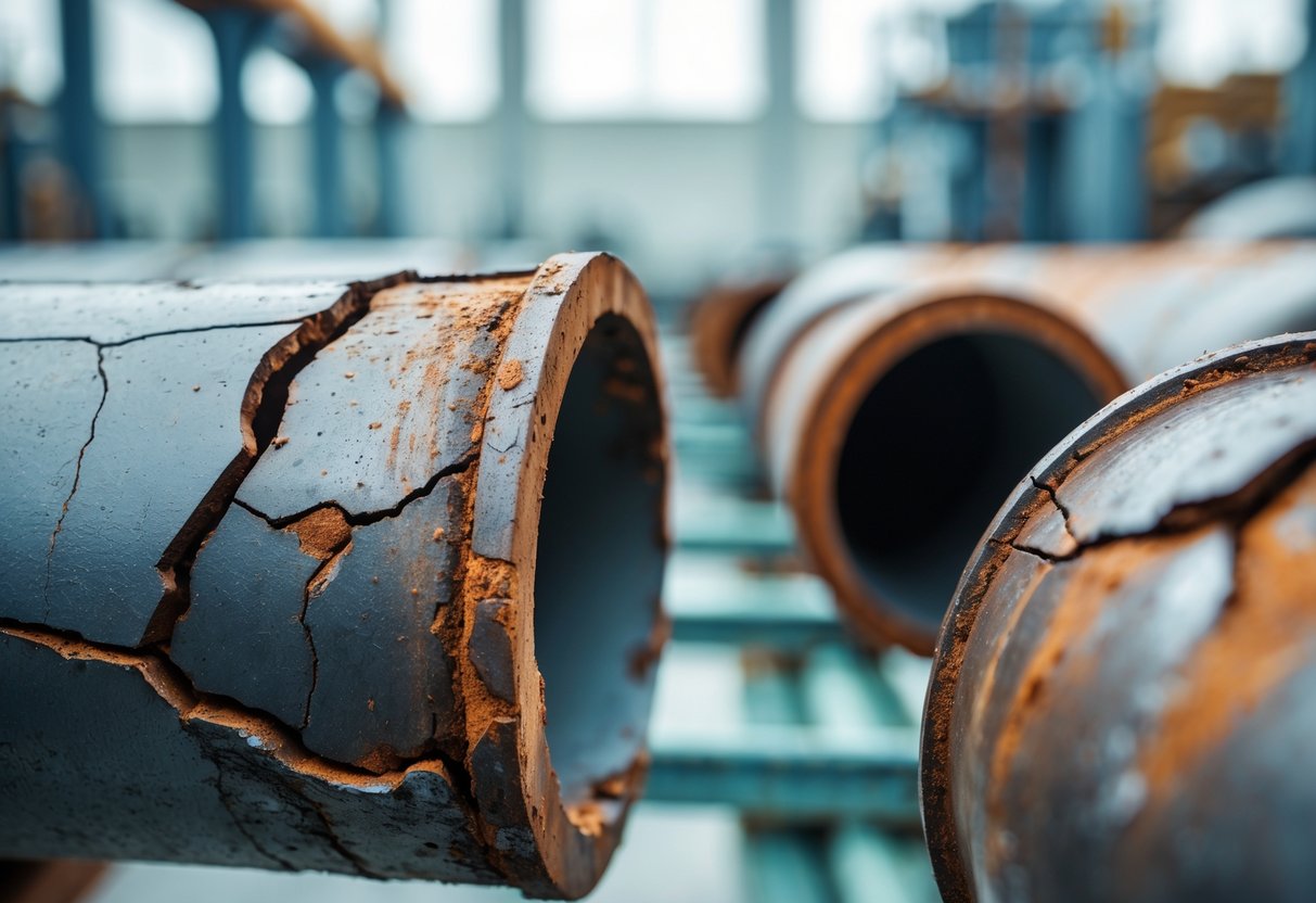 Close-up of industrial metal pipes with visible cracks and fractures in an industrial setting.