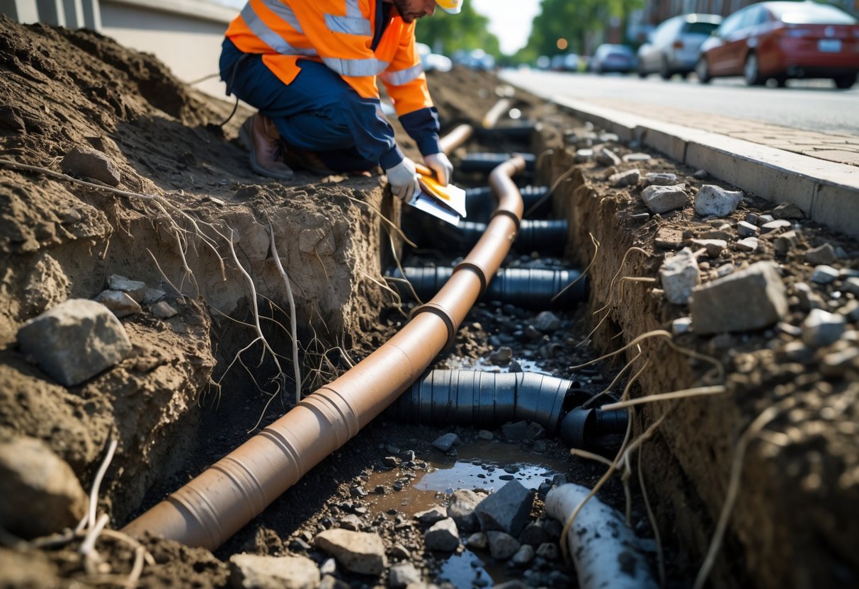 Impact of Ground Shifting on Sewer Lines and Long-Term Infrastructure Stability 1 Cross-sectional view of cracked soil with damaged sewer pipes underground and a construction worker inspecting the area above ground.