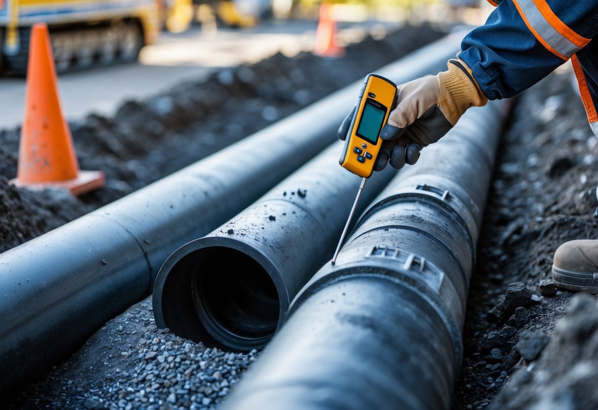 A technician inspects an underground pipe with a bulge at a construction site surrounded by soil and equipment.