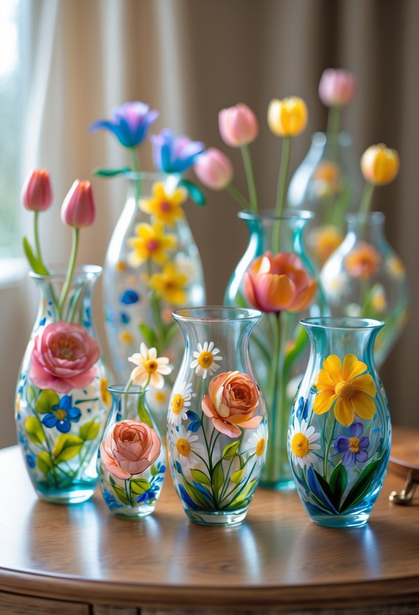 A collection of painted glass vases with colorful floral designs arranged on a wooden table.