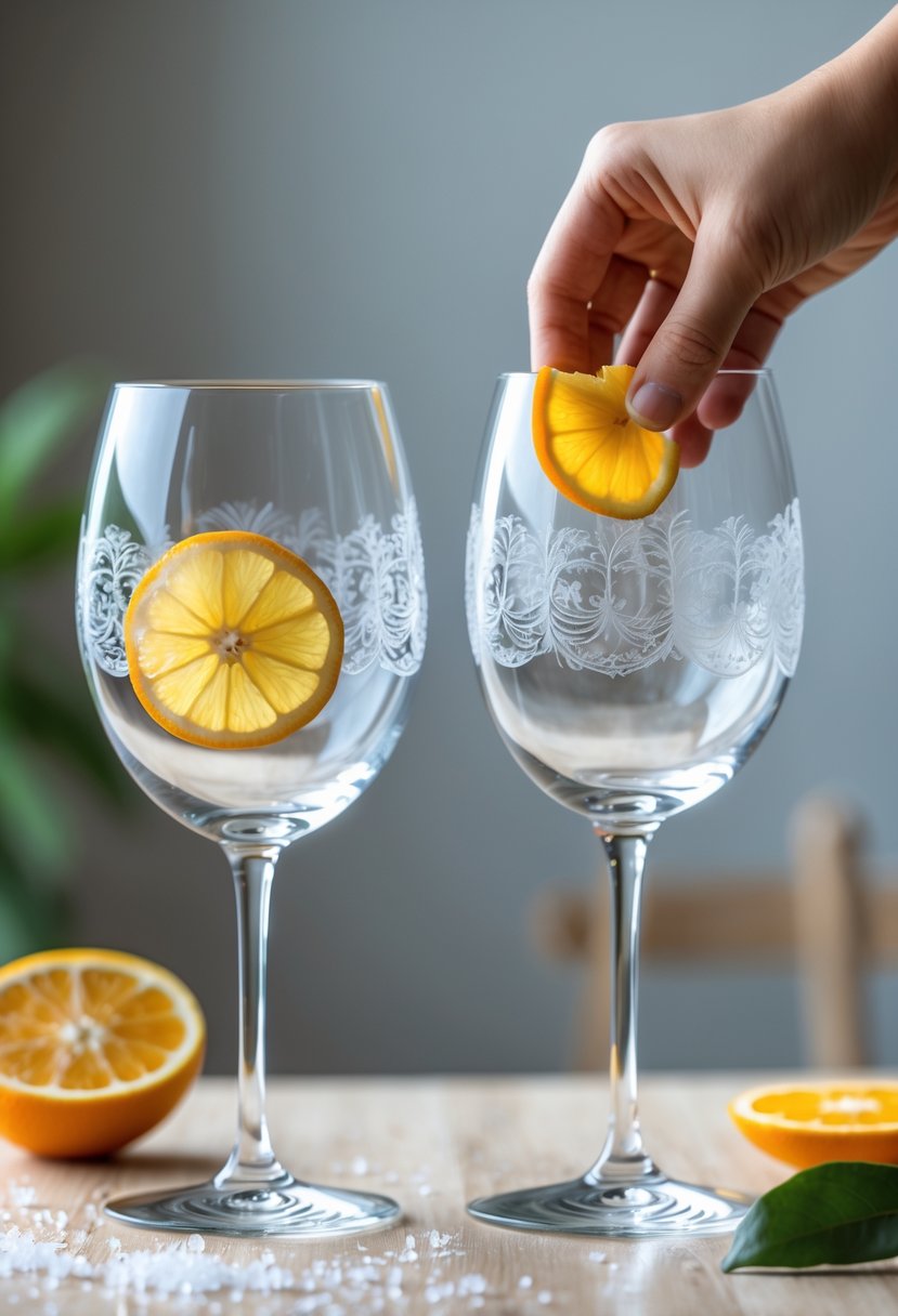 Two wine glasses with etched designs being decorated with citrus slices and salt on a wooden table.
