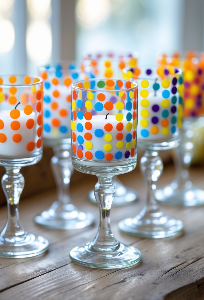 A group of glass candle holders decorated with colorful dotted paint arranged on a wooden surface.