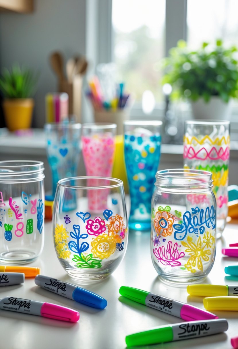A collection of clear glass drinkware decorated with colorful hand-drawn designs made with markers, arranged on a wooden table with markers nearby.