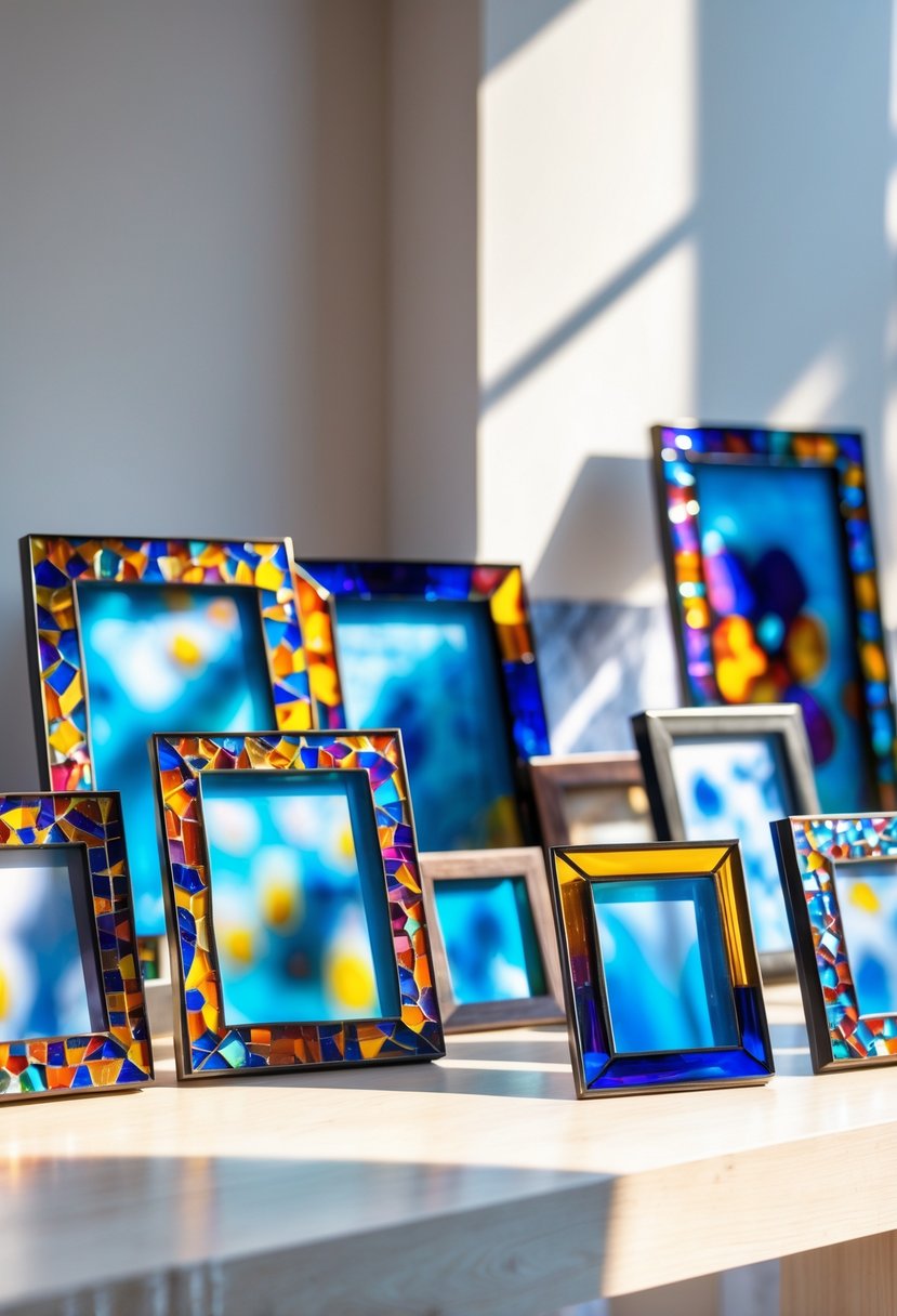A collection of colorful mosaic glass picture frames arranged on a wooden surface.