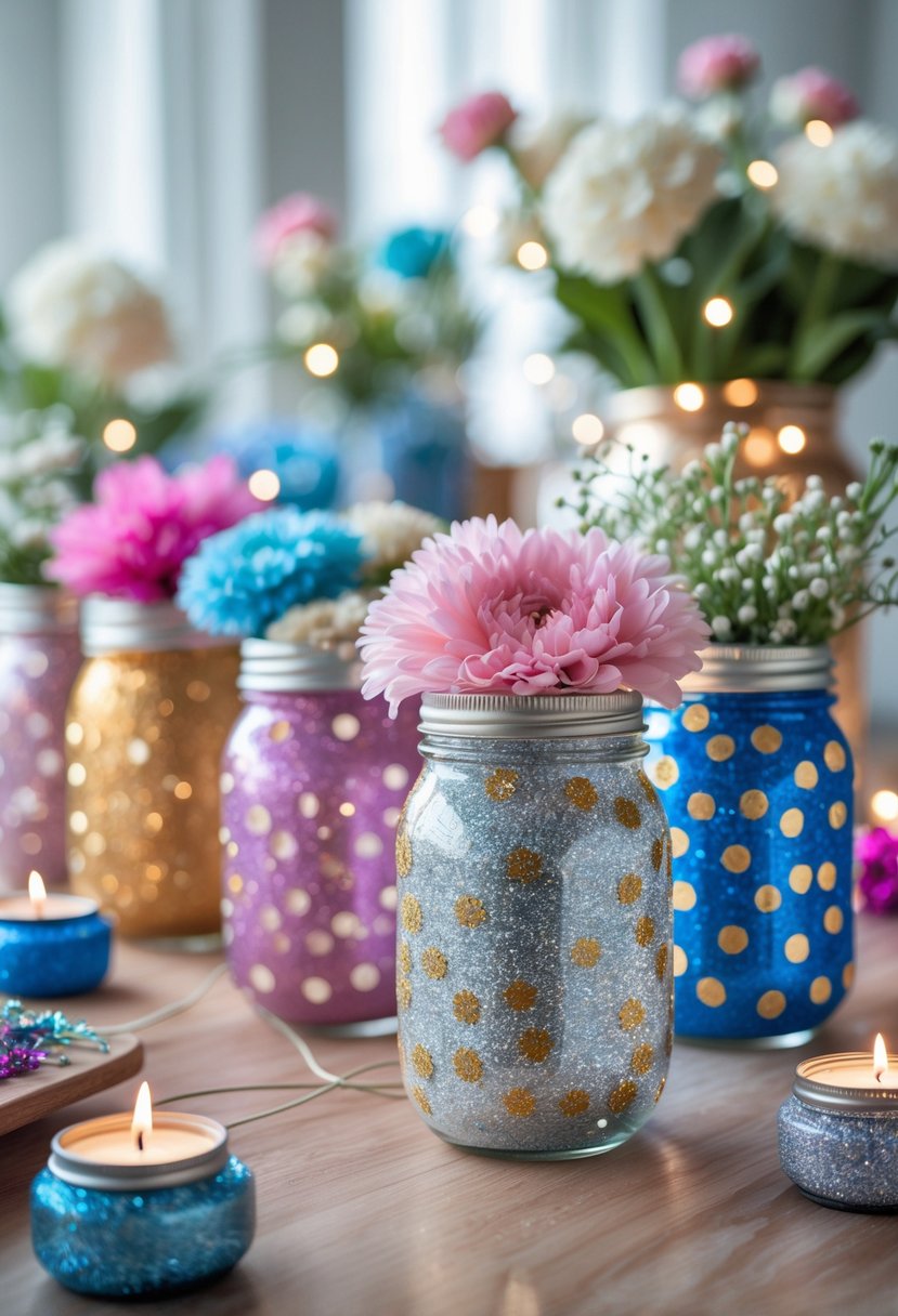 Several mason jars decorated with colorful glitter polka dots, filled with flowers, fairy lights, and craft materials, arranged on a wooden surface.